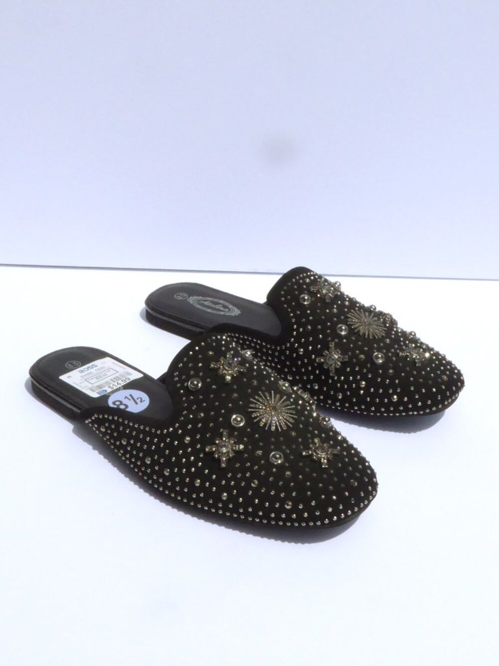 New Atalina black and dark gray embellished rhinestone slip on mules size 8.5